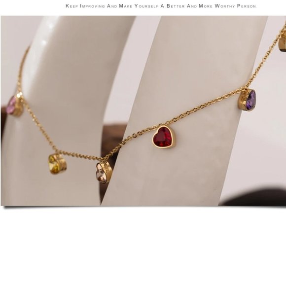 New 18K Gold Plated Multi Color Colorful Rainbow Gemstone Heart Necklace - Picture 4 of 5